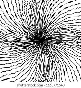 Líneas caóticas aleatorias de curva Resumen Textura de patrón geométrico, Ilustración de arte contemporáneo con líneas rayadas blancas negras, onduladas, efectos de distorsión curvada, plegado, líneas retorcidas