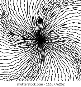 Líneas caóticas aleatorias de curva Resumen Textura de patrón geométrico, Ilustración de arte contemporáneo con líneas rayadas blancas negras, onduladas, efectos de distorsión curvada, plegado, líneas retorcidas