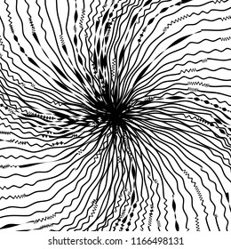 Líneas caóticas aleatorias de curva Resumen Textura de patrón geométrico, Ilustración de arte contemporáneo con líneas rayadas blancas negras, onduladas, efectos de distorsión curvada, plegado, líneas retorcidas