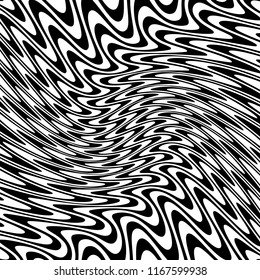 Líneas caóticas aleatorias de curva Resumen Textura de patrón geométrico, Ilustración de arte contemporáneo con líneas rayadas blancas negras, onduladas, efectos de distorsión curvada, plegado, líneas retorcidas