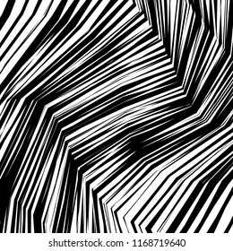 Líneas caóticas aleatorias de curva Resumen Textura de patrón geométrico, Ilustración de arte contemporáneo con líneas rayadas blancas negras, onduladas, efectos de distorsión curvada, plegado, líneas retorcidas