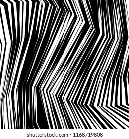 Líneas caóticas aleatorias de curva Resumen Textura de patrón geométrico, Ilustración de arte contemporáneo con líneas rayadas blancas negras, onduladas, efectos de distorsión curvada, plegado, líneas retorcidas