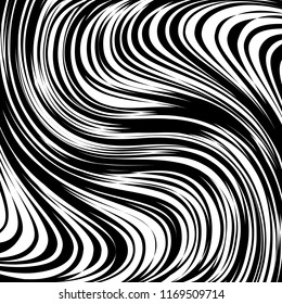 Curva Aleatória Chaotic Lines Abstract Geometric Pattern Texture, Moderno, Ilustração de arte contemporânea com linhas listradas brancas pretas, Ondulado, Efeito de Distorção de Curva, Dobragem, Linhas Deformadas