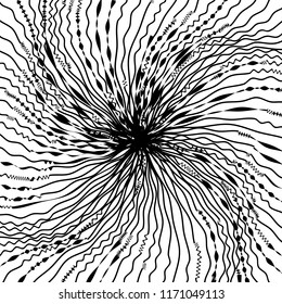 Líneas caóticas aleatorias de curva Resumen Textura de patrón geométrico, Ilustración de arte contemporáneo con líneas rayadas blancas negras, onduladas, efectos de distorsión curvada, plegado, líneas retorcidas