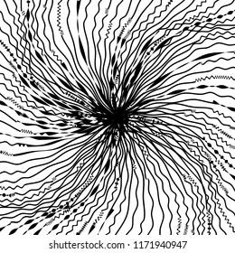 Líneas caóticas aleatorias de curva Resumen Textura de patrón geométrico, Ilustración de arte contemporáneo con líneas rayadas blancas negras, onduladas, efectos de distorsión curvada, plegado, líneas retorcidas