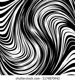 Curve Random Chaotic Lines Abstract Geometric Pattern Texture, Modern, Contemporary Art Illustration with Black White Striped Lines, Wavy, Curving Distortion Effect, Bending, Warped Lines