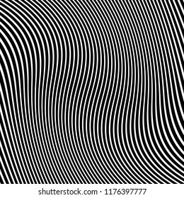 Líneas caóticas aleatorias de curva Resumen Textura de patrón geométrico, Ilustración de arte contemporáneo con líneas rayadas blancas negras, onduladas, efectos de distorsión curvada, plegado, líneas retorcidas