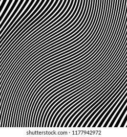 Líneas caóticas aleatorias de curva Resumen Textura de patrón geométrico, Ilustración de arte contemporáneo con líneas rayadas blancas negras, onduladas, efectos de distorsión curvada, plegado, líneas retorcidas