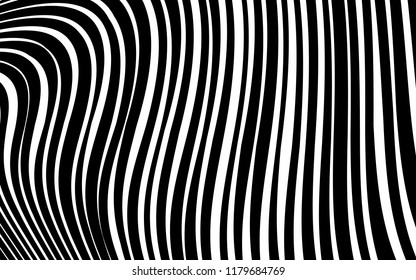 Líneas caóticas aleatorias de curva Resumen Textura de patrón geométrico, Ilustración de arte contemporáneo con líneas rayadas blancas negras, onduladas, efectos de distorsión curvada, plegado, líneas retorcidas