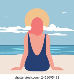 Una mujer pelirroja curva se sienta sola en una playa de arena, disfrutando de la vista del mar. Vista desde atrás. Vacaciones de verano en los resorts del sur. Ilustración plana del vector