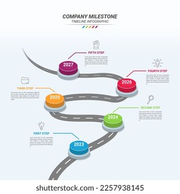 Plantilla Infográfica de Mapa de Ruta de Curva e Icono de Negocio con cinco pasos. Infografía isométrica 3D de hito de empresa 5 puntos de paso para presentaciones, informes financieros, diseño web e informes anuales.