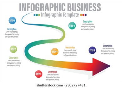 Curve Road Map Infographic Template and Business Icon with Six Steps. Infographic with Road and Location Pin Six 6 Steps Points for Presentations, Finance Reports, Web Design, Reports.