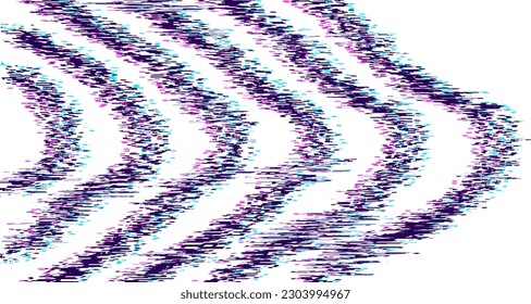 Curve shapes with glitch effect vector graphic design. Geometric background in white abd black with blue purple glitch shitf.