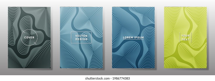 Curve topography lines imitation creative vector covers set. Geography magazine front pages abstract topographic map lines design. Curve texture fluid shapes backdrops. Halftone cover templates.