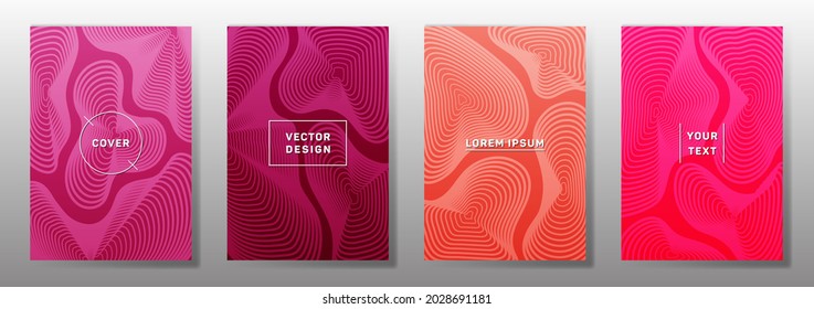 Curve topography lines imitation creative vector covers set. Geography magazine front pages abstract topographic map lines design. Curve texture fluid shapes backdrops. Modern title page templates.