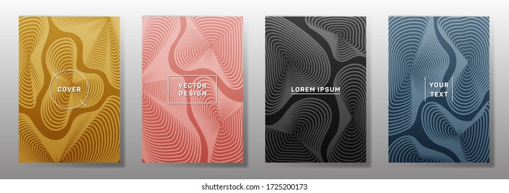 Curve topography lines imitation minimal vector covers set. Geography magazine front pages topographic map lines graphic design. Curve texture fluid shapes backgrounds. Geometric cover templates.