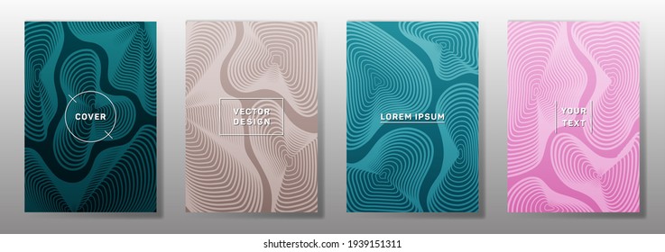 Curve topography lines imitation minimal vector covers set. Geography magazine front pages abstract topographic map lines design. Curve texture fluid shapes backgrounds. Geometric cover templates.