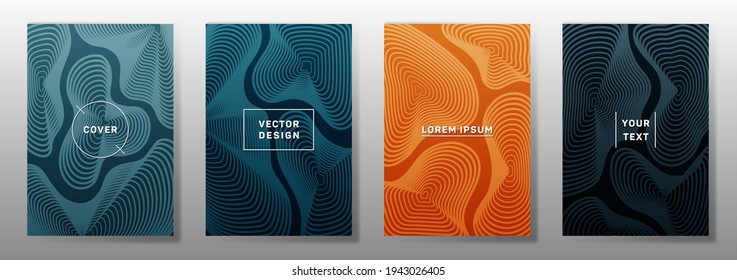 Curve topography lines imitation minimal vector covers set. Geography magazine front pages abstract topographic map lines design. Curve texture fluid shapes backdrops. Halftone brochure templates.