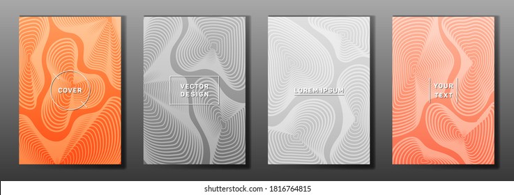Curve topography lines patterns vector futuristic covers set. Geography magazine front pages topographic map lines graphic design. Curve texture fluid shapes backdrops. Scientific brochure covers.