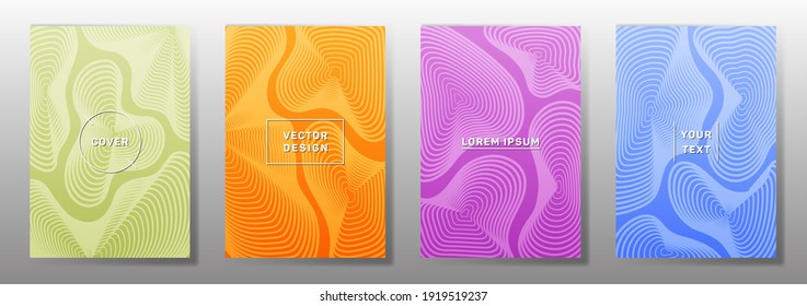 Curve topography lines patterns vector futuristic covers set. Geography magazine front pages topographic map lines graphic design. Curve texture fluid shapes backgrounds. Halftone cover templates.