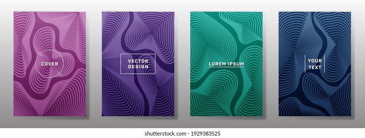 Curve topography Linien Muster Vektor futuristischen Cover Set. Geography Magazin Titelseiten topographischen Kartenlinien Grafikdesign. Krümmte Texturflüssigkeit formt Rückwürfe. digitale Titelvorlagen.