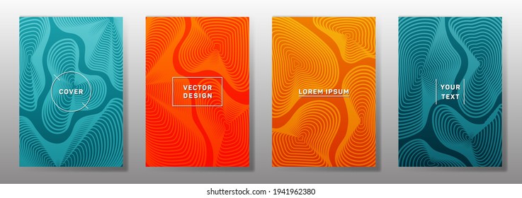 Curve topography lines patterns vector cool covers set. Geography magazine front pages topographic map lines graphic design. Curve texture fluid shapes backgrounds. Geometric cover templates.