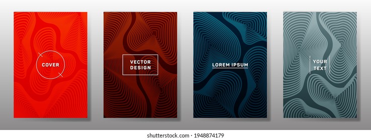 Curve topography lines patterns vector creative covers set. Geography magazine front pages topographic map lines graphic design. Curve texture fluid shapes backgrounds. Halftone cover templates.