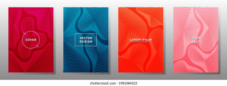Curve topography lines patterns vector cool covers set. Geography magazine front pages topographic map lines graphic design. Curve texture fluid shapes backdrops. Geometric cover templates.