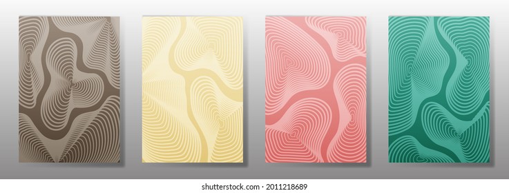 Curve topography lines patterns vector creative covers set. Geography magazine front pages abstract topographic map lines design. Curve texture fluid shapes backgrounds. Modern brochure templates.