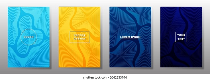 Curve topography lines patterns vector minimal covers set. Geography magazine front pages abstract topographic map lines design. Curve texture fluid shapes backdrops. Halftone brochure templates.