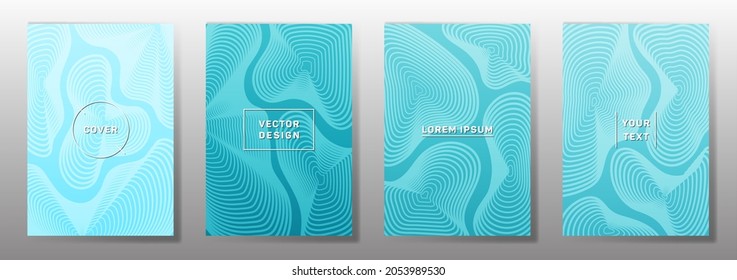 Líneas de topografía de curva patrones de cubiertas de vector minimalista conjunto. Portadas de la revista de geografía: diseño de líneas cartográficas topográficas abstractas. El fluido de textura de curva da forma al fondo. Plantillas de folletos de semitono.