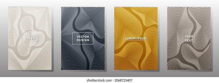 Curve topography lines patterns vector minimalist covers set. Geography magazine front pages topographic map lines graphic design. Curve texture fluid shapes backdrops. Digital cover templates.