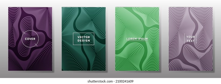 Curve topography lines patterns vector cool covers set. Geography magazine front pages abstract topographic map lines design. Curve texture fluid shapes backdrops. Digital cover templates.