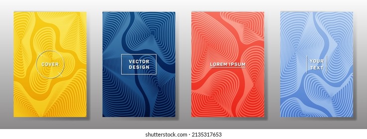 Curve topography lines patterns vector cool covers set. Geography magazine front pages abstract topographic map lines design. Curve texture fluid shapes backdrops. Halftone brochure templates.