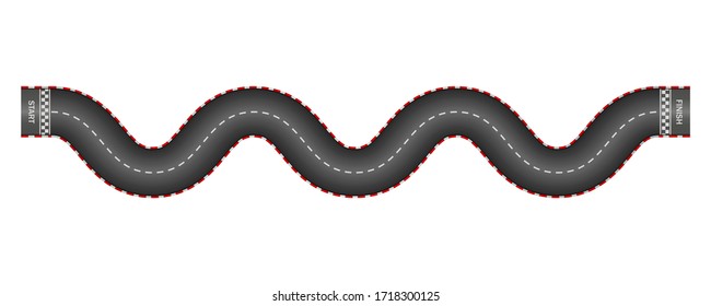 Curve track for car. Asphalt road with start, finish for f1. 3d texture of street. Tarmac surface for kart. Top formula in monaco. Black highway with white line and curbs. Endless speedway. Vector.