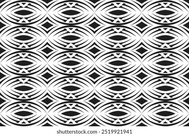 Curve vector geometric seamless pattern. Minimal ornamental background with abstract shapes. Black and white texture. Simple abstract ornament background. Dark repeat design for decor, fabric, cloth.