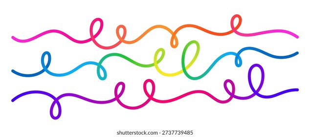 Curve Wave Shape Vector Lines. Abstract Wavy Ribbons with Rainbow Color Gradient. Continuous Squiggle Shapes Pattern. Horizontal Swirl Gradient Lines Flowing on a White Background.