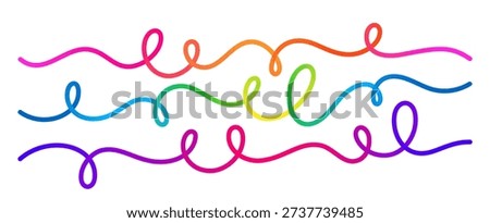 Curve Wave Shape Vector Lines. Abstract Wavy Ribbons with Rainbow Color Gradient. Continuous Squiggle Shapes Pattern. Horizontal Swirl Gradient Lines Flowing on a White Background.