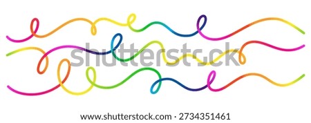 Curve Wave Vector Lines. Abstract Flow Ribbons with Rainbow Color Gradient. Continuous Squiggle Shapes Pattern. Horizontal Swirl Gradient Lines Isolated on Background