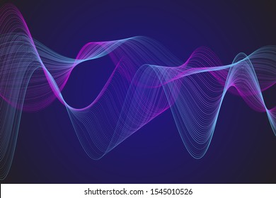 Curve wavy lines science and technology background. Intersecting curve lines big data visualization, machine learning algorithm or artificial intelligence background. Sound waves concept illustration.