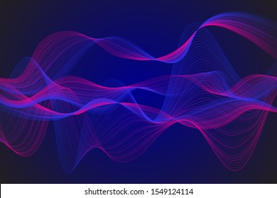 Curve wavy lines science and technology background. Intersecting curve lines big data visualization, machine learning algorithm or artificial intelligence background. Sound waves concept illustration.
