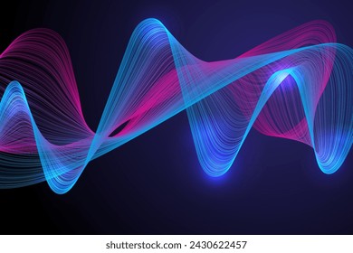 Curve wavy lines science and technology background. Intersecting curve lines big data visualization, machine learning algorithm or artificial intelligence background. Sound waves concept illustration.