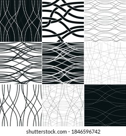 Curve wavy lines seamless patterns set, vector repeat endless backgrounds collection, tangled stripes trendy tiling wallpaper motifs. Usable for fabric, wallpaper, wrapping, web and print.