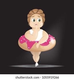 Curve woman caught with eating donut on stage. Vector illustration.