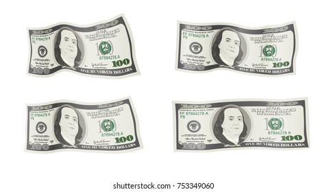 Curved 100 dollar banknotes. Bill one hundred dollars isolated on white background. Concept of prosperity, success, growth in business. Flying, falling currency of US. Vector illustration.