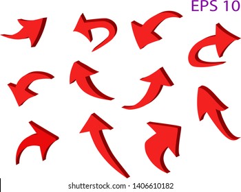 Curved 3 D red arrow icons set. Transparent background. High resolution
