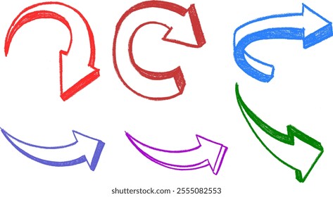 Curved 3D Arrow Icon Crayon Chalk Drawing Vector Set