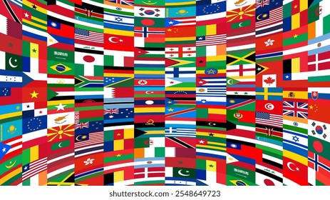 Curved 3D screen broadcasting international flags. Worldwide news broadcast screensaver. Horizontal vector banner