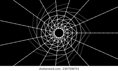 Curved abstract portal. Spider web. Wireframe tunnel. 3D vector wormhole with a mesh structure. Vortex. Vector perspective grid.