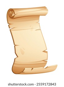 Curved aged parchment scroll with rolled top, perfect for text or design space. Vector cartoon illustration